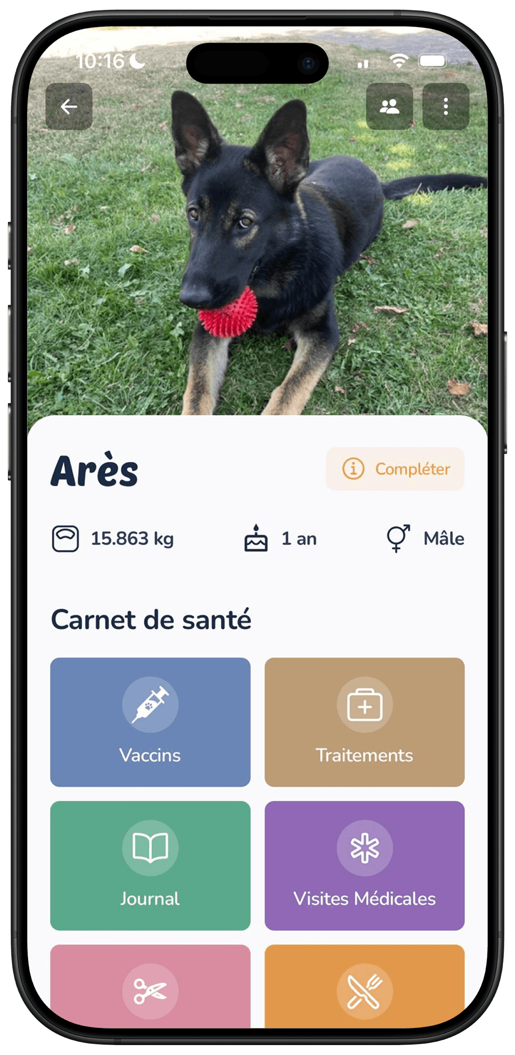 Profil d'un chien avec son poids dans l'application Galia