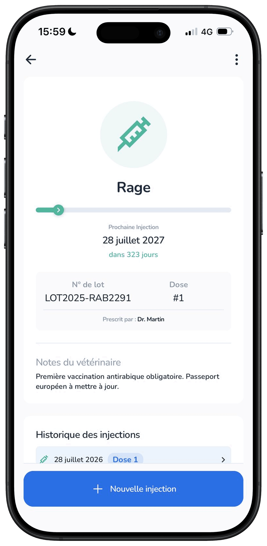 Détail d'un vaccin et de son prochain rappel dans l'application Galia