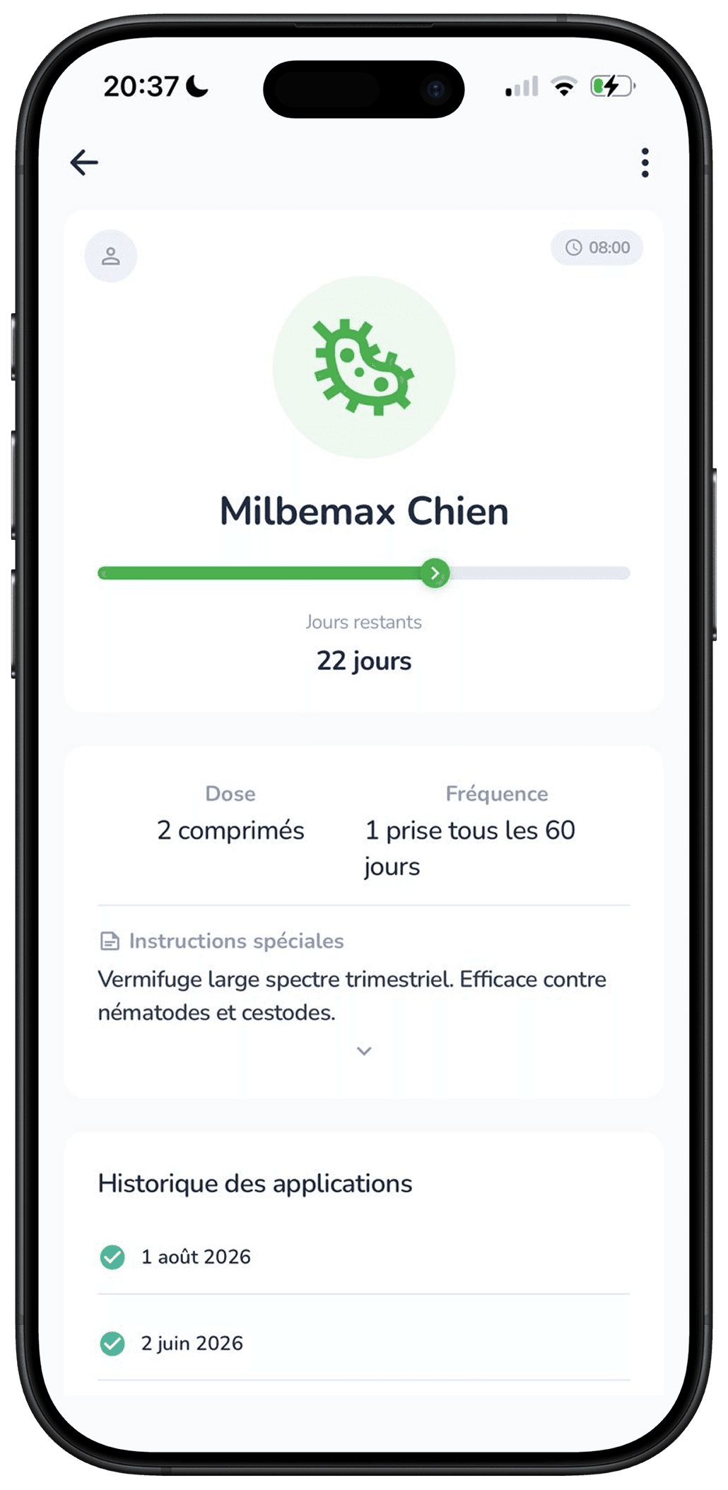 Suivi d'un traitement récurrent (antiparasitaire) dans l'application Galia