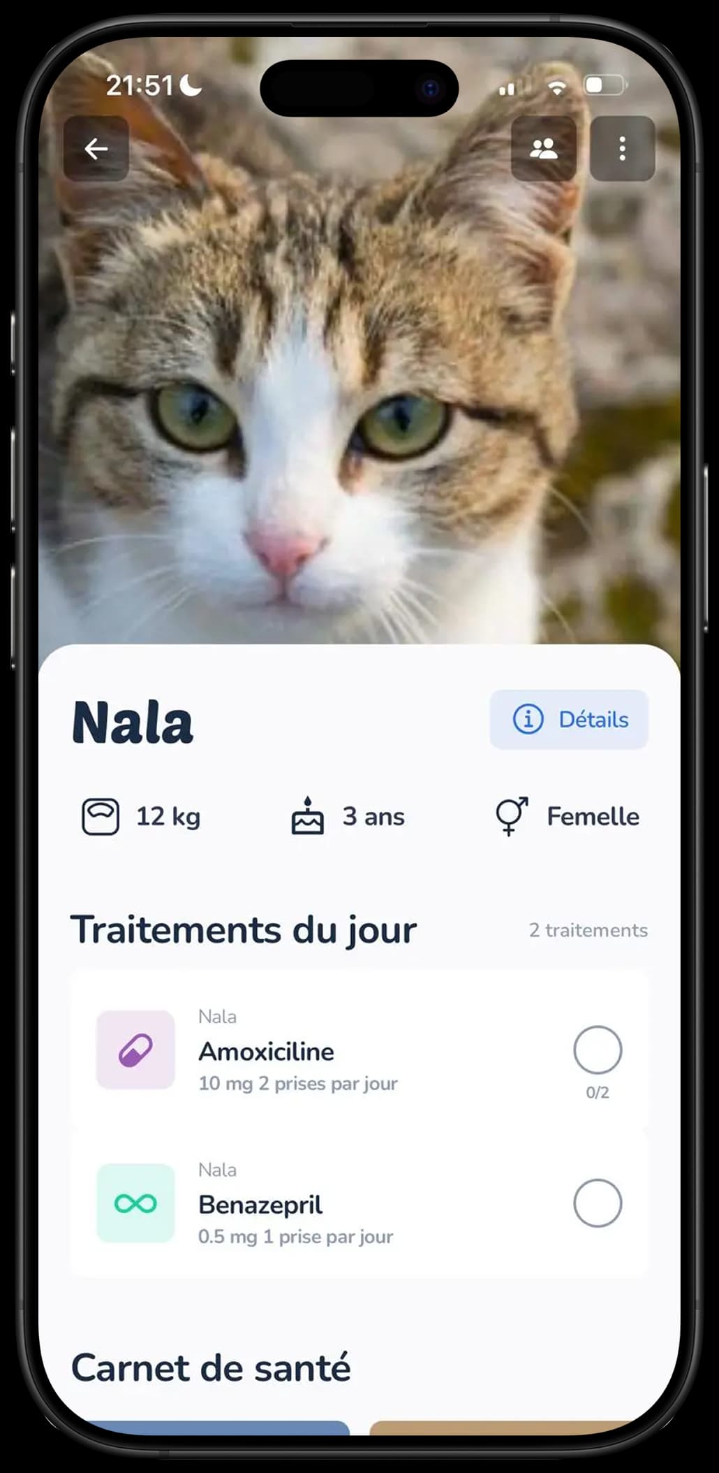 Liste des traitements du jour à cocher dans l'application Galia