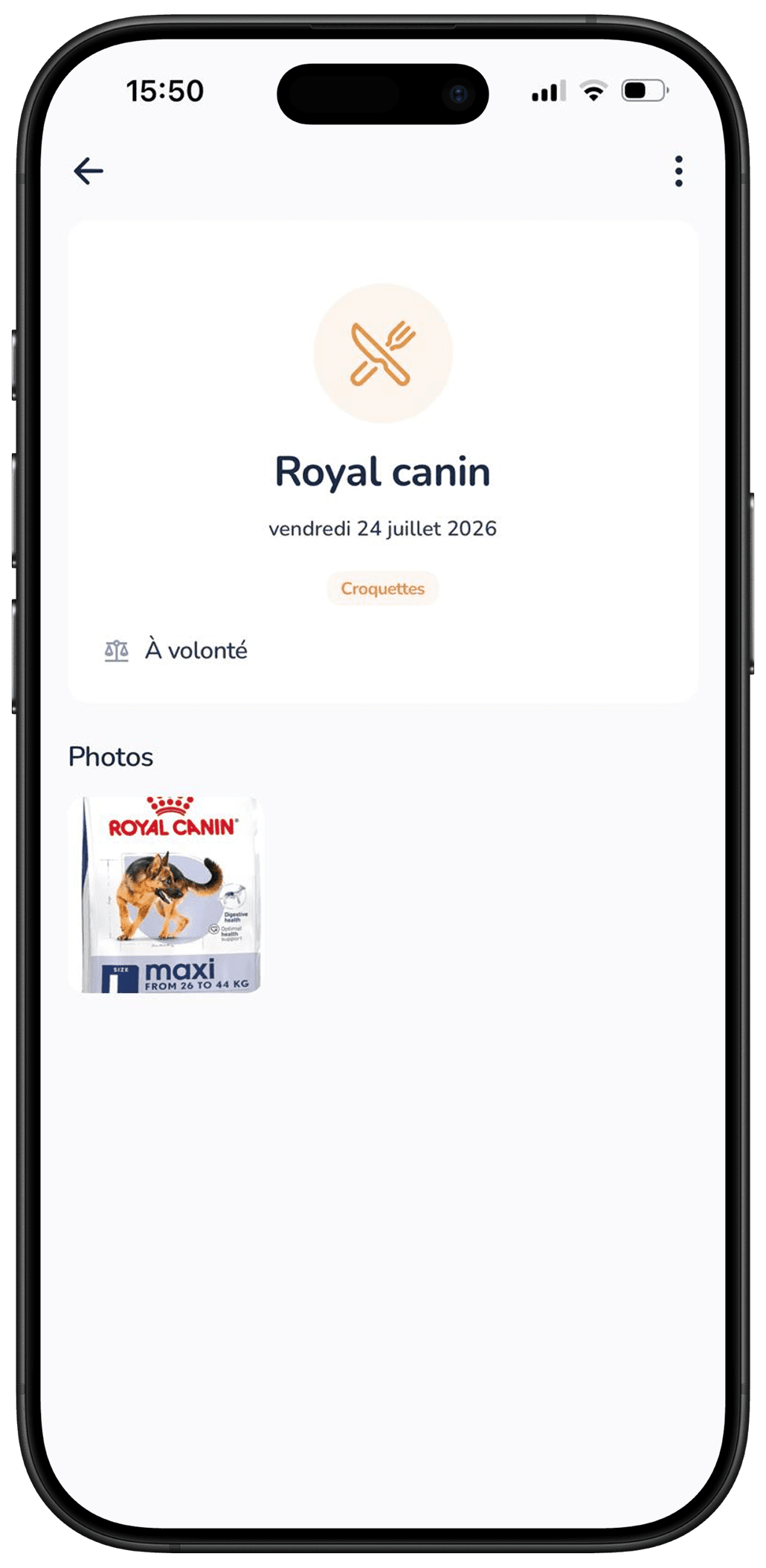 Fiche d'un aliment avec sa ration et la photo du paquet dans l'application Galia