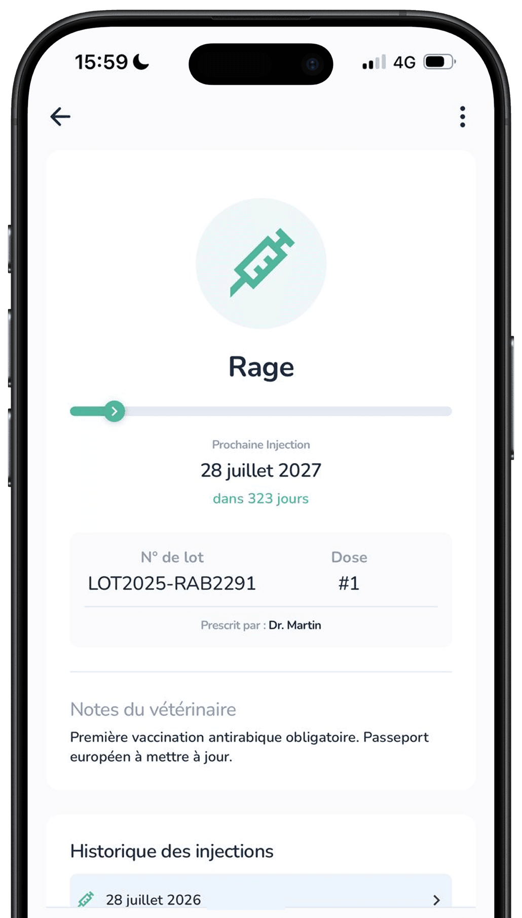 Statut vaccinal d'un animal dans l'application Galia