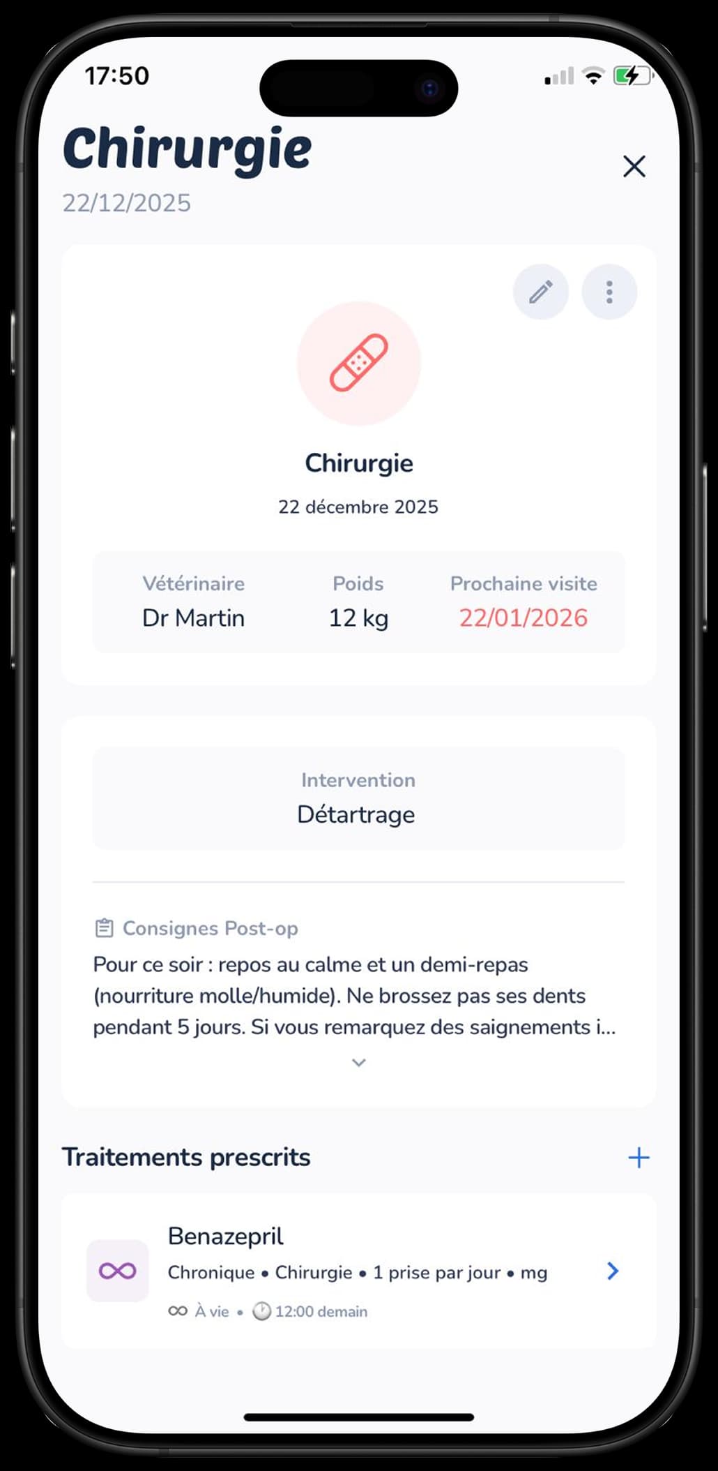 Détail d'une visite de chirurgie dans l'application Galia