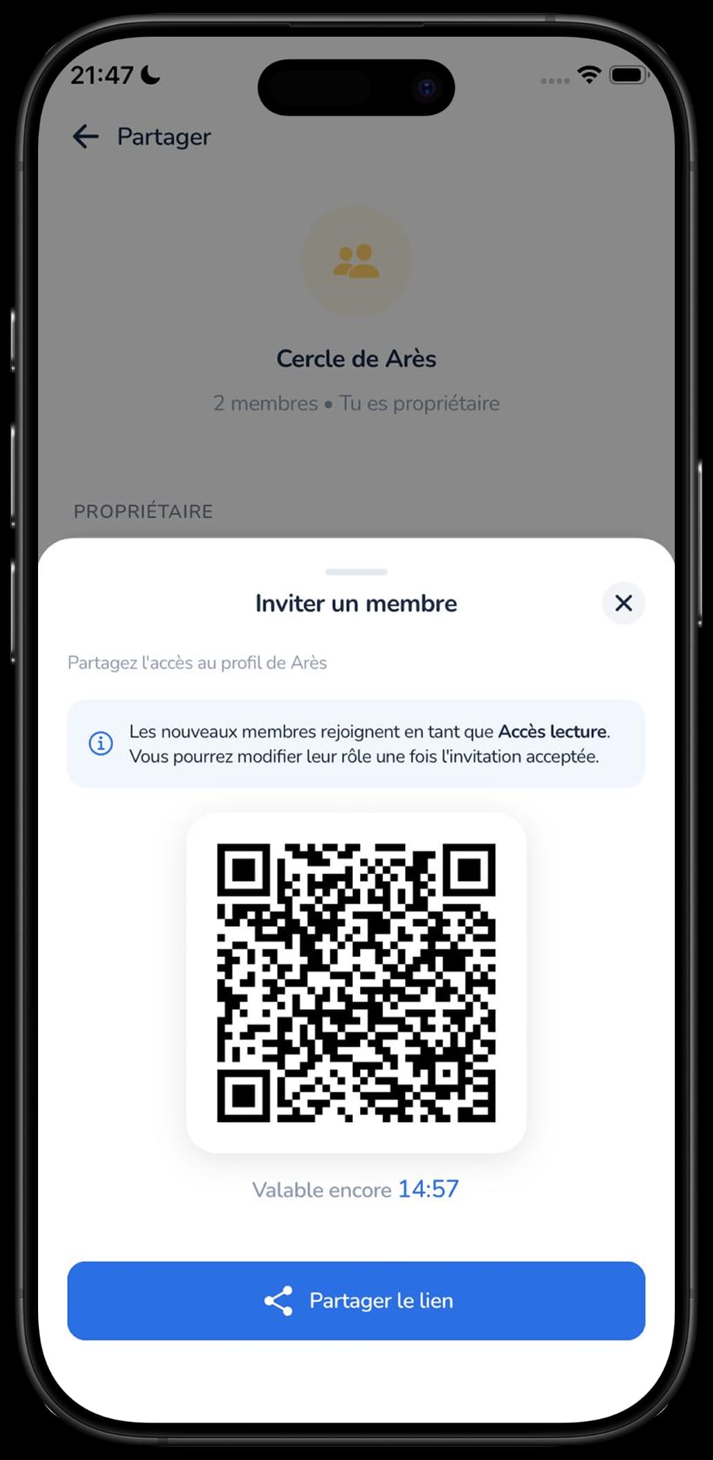 Invitation d'un proche par QR code dans l'application Galia