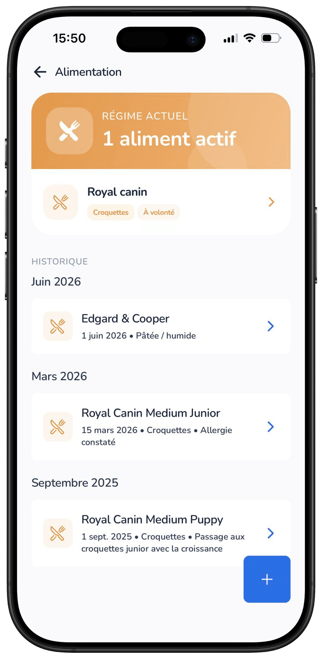 Régime actuel et historique des aliments d'un chien dans l'application Galia
