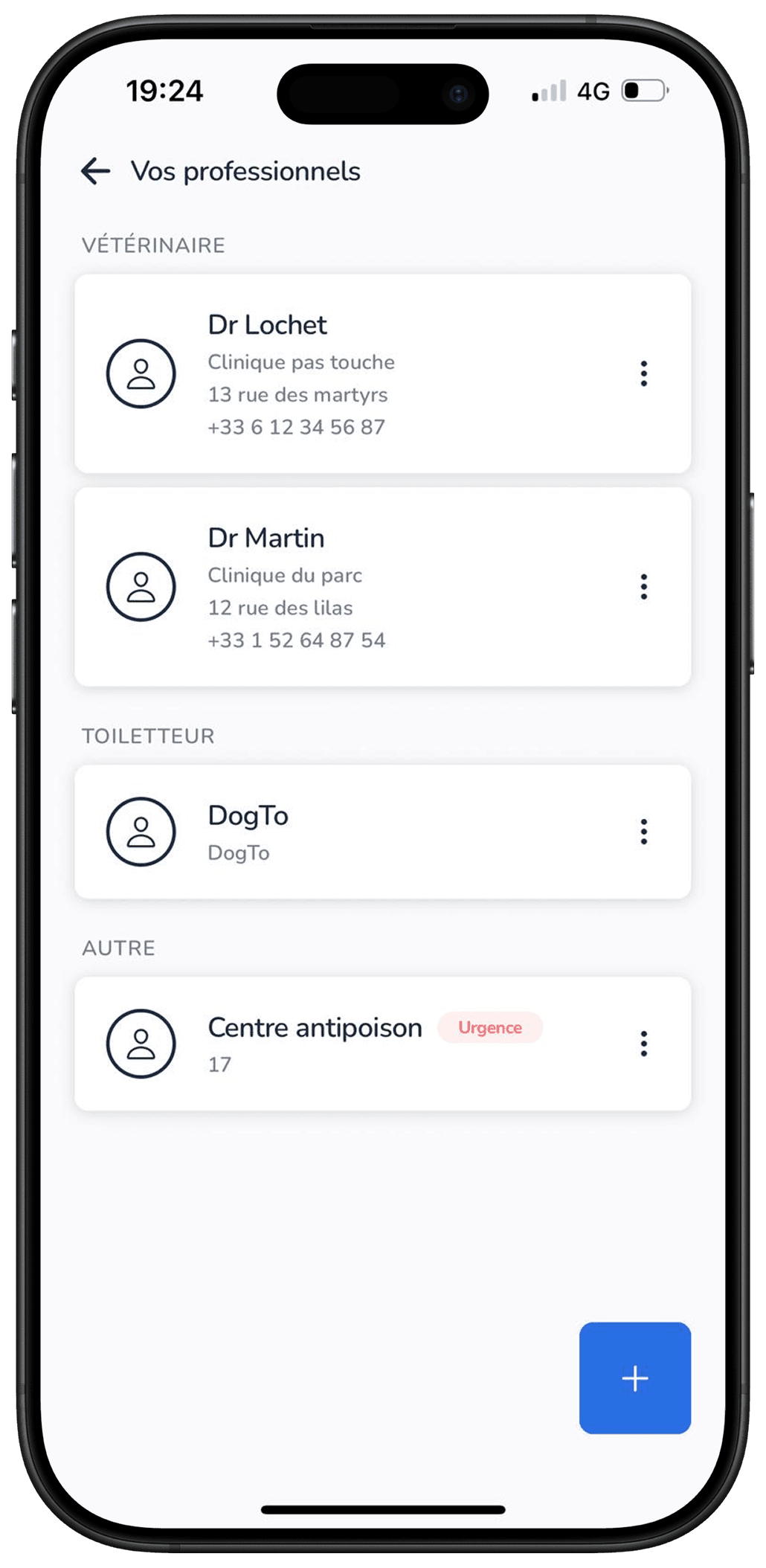 Contacts du vétérinaire et numéros d'urgence dans l'application Galia