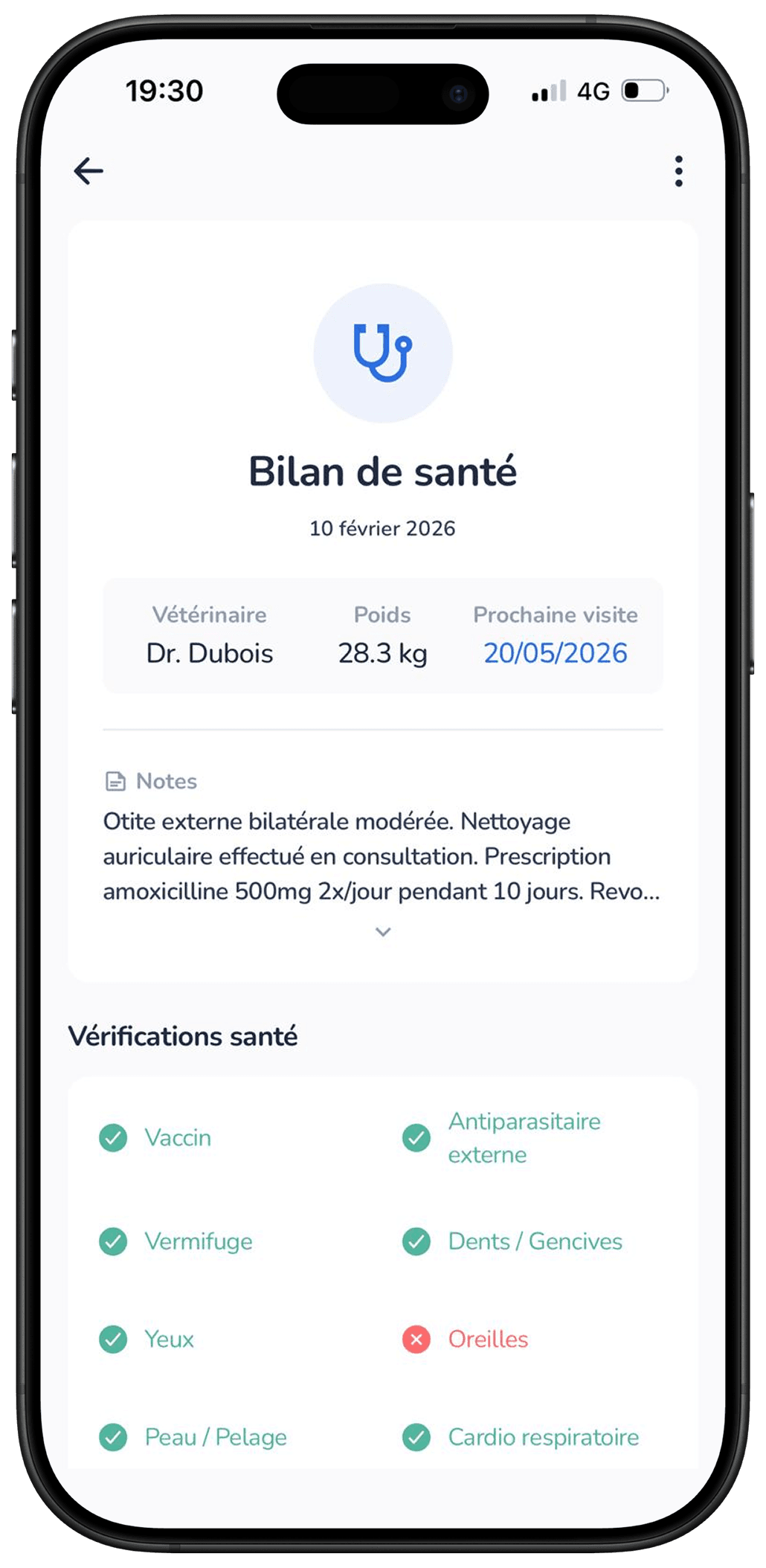 Grille de contrôle d'une visite dans l'application Galia