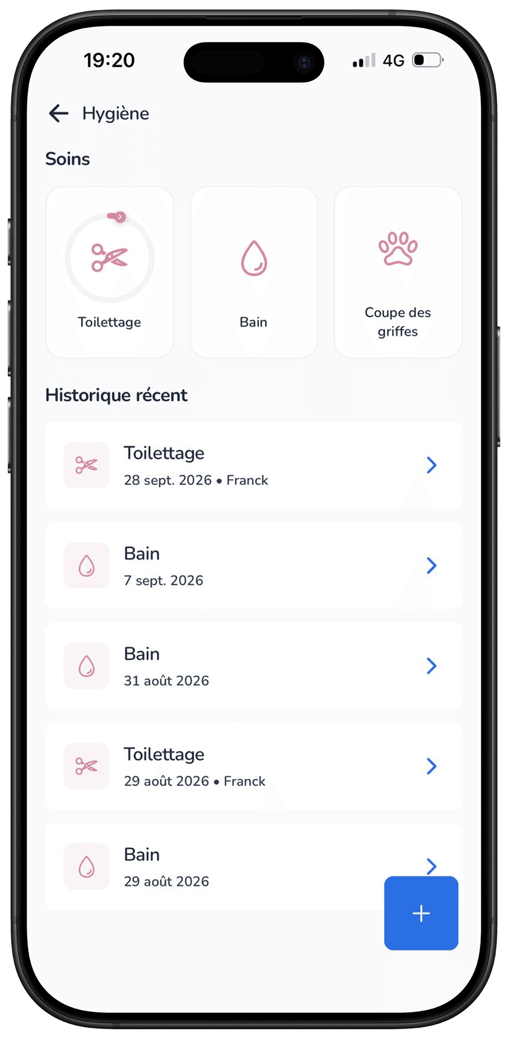 Soins d'hygiène d'un animal dans l'application Galia
