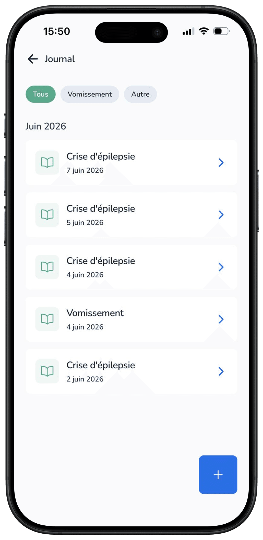 Journal de santé d'un animal dans l'application Galia