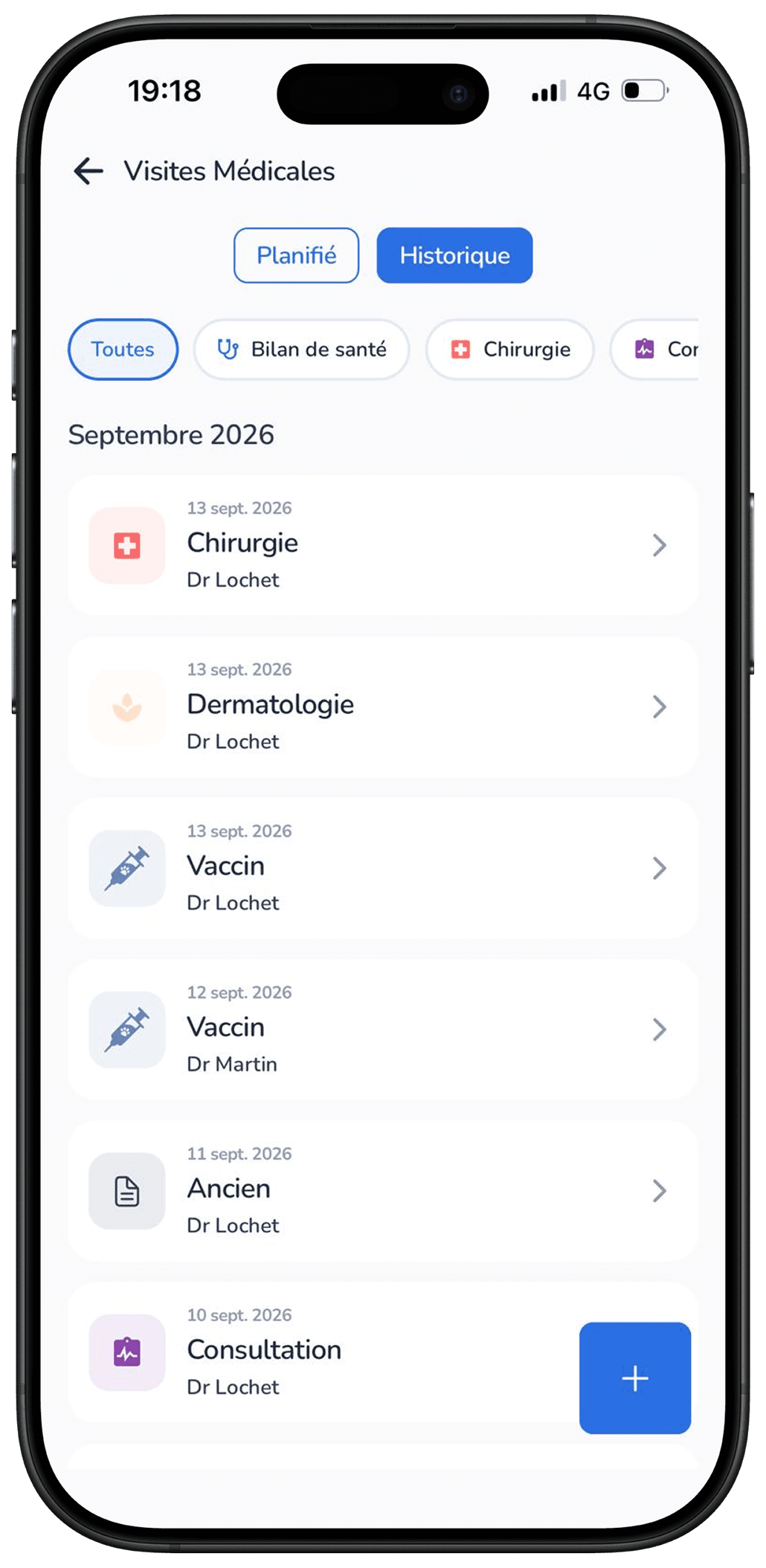 Liste des visites d'un animal dans l'application Galia