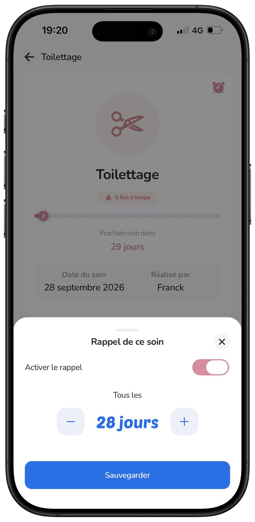 Rappel récurrent d'un soin d'hygiène dans l'application Galia